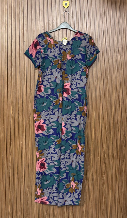 Blue Floral Front-Button Long Top