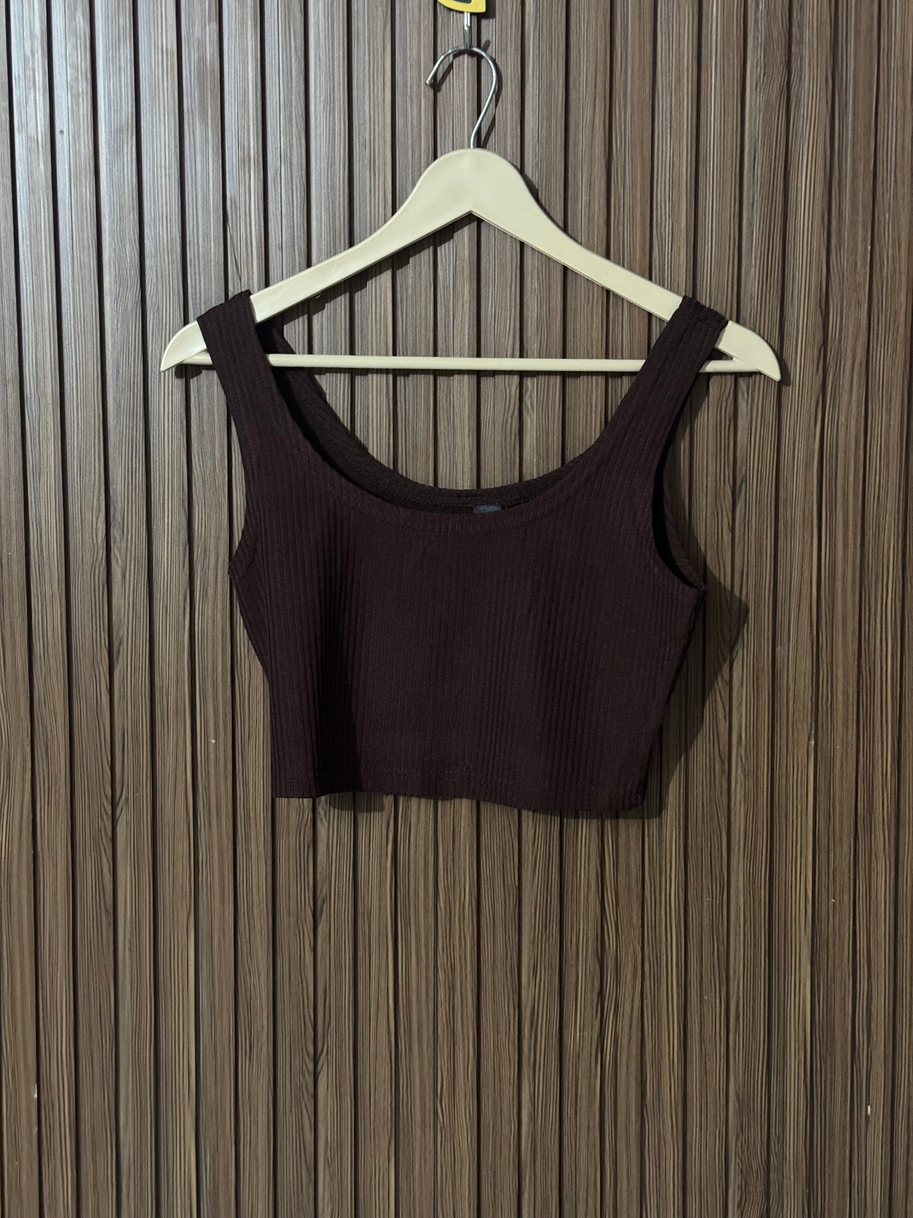 Chocolate Brown Ribbed Sleeveless Crop Top